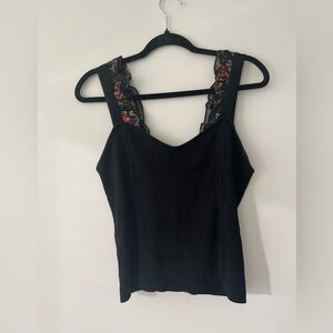 ✨ Maeve Anthropologie Ribbed Floral Ruffle Strap Tank Top | Size L